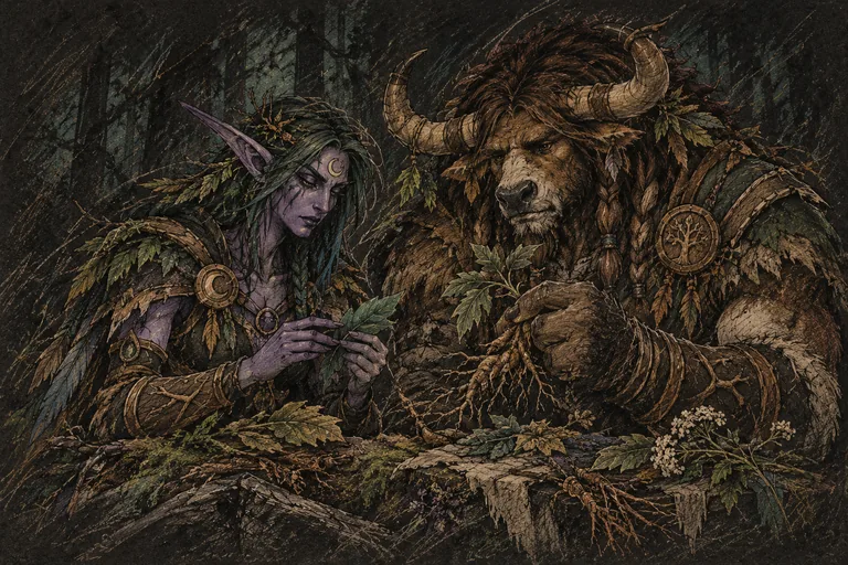 Night Elf and Tauren druids in a rough charcoal and pencil illustration