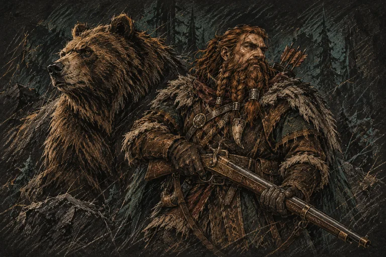 Dwarf hunter and bear in a rough charcoal and pencil illustration