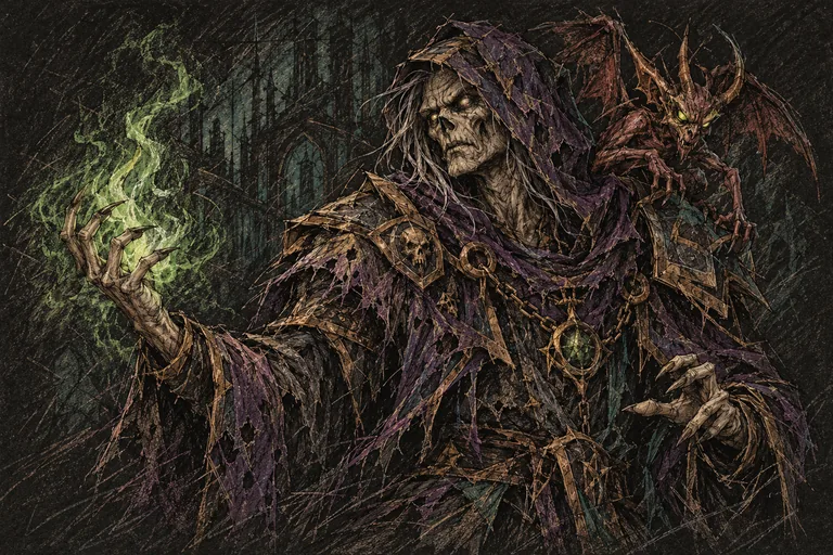 Undead warlock in a rough charcoal and pencil illustration